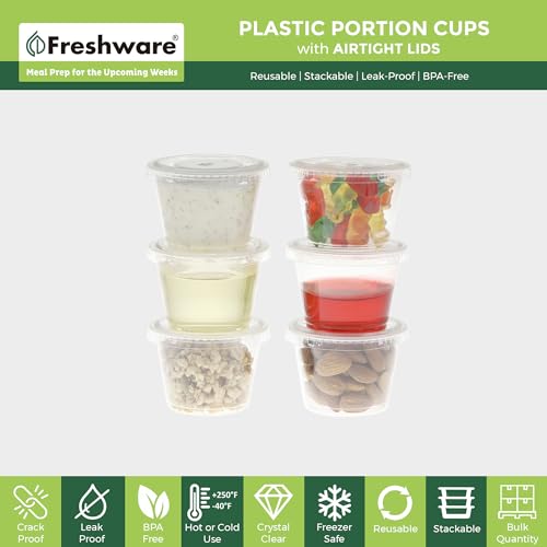 Freshware Plastic Portion Cups with Lids [1 Ounce, 100 Sets] Disposable Plastic Cups for Meal Prep, Salad Dressing, Jellos Shot Cups, Souffle Cups, Condiment and Dipping Sauce Cups - size: 1 oz - 100 sets