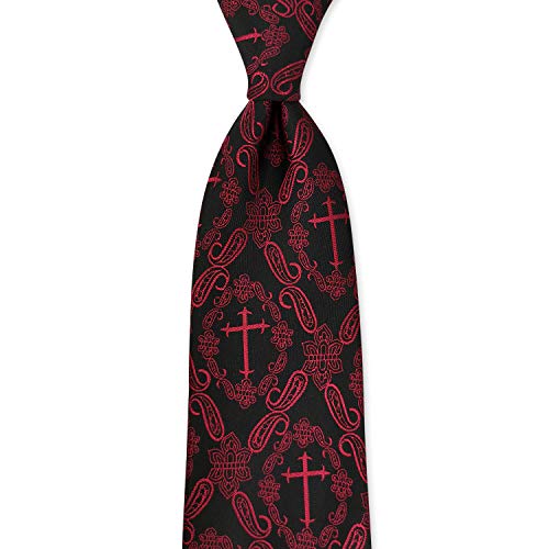 KOOELLE Men's Necktie Novelty Cross Paisley Pattern Tie - color: Red & Black