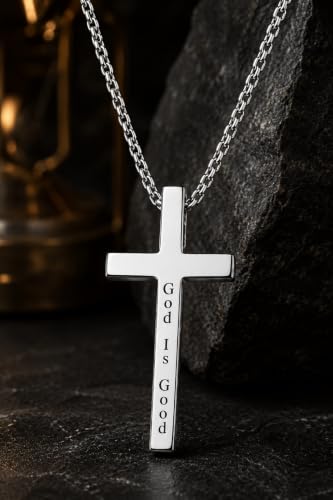 Engraved Cross Necklace for Men, Women & Boys & Girls Cross Necklace, Stainless Steel Cross Pendant Necklace, Faith & Inspiration Christian Jewelry Gift - color: God Is Good