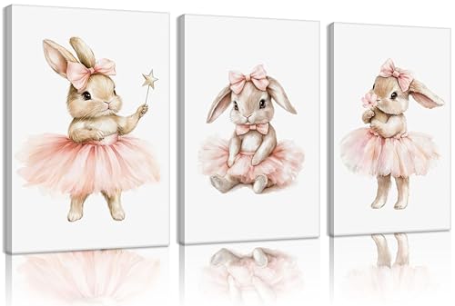 3pcs Pink Bunny Nursery Wall Art Girls Room Wall Decor 16x24in Framed - color: Pink, size: 16x24 Canvas