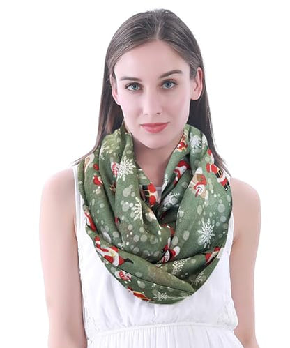 Lina & Lily Holiday Christmas Pattern Print Women's Infinity Scarf Lightweight - color: Green White, Xmas Santa Claus Snowman