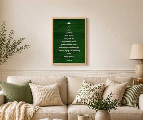 Christian Bible Verse Wall Art Framed, Isaiah 9:6 Scripture Poster Print, Religious Green Rustic Wooden Wall Decor, Christmas Tree Painting Picture for Living Room Bedroom Church, 16x24 Inches - color: Christmas Tree, size: 16"L x 24"W