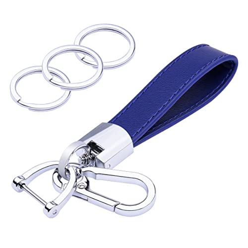 Wisdompro Genuine Leather Car Keychain, Universal Key Fob Keychain - color: Blue (Silver Carabiner Clip)