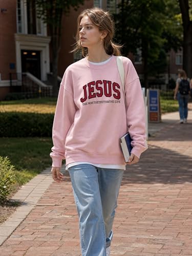 Christian Sweatshirts for Women Jesus Fleece Oversized Pullover Faith God Tops Crewneck Y2K Longsleeve - color: 3-pink, size: Small