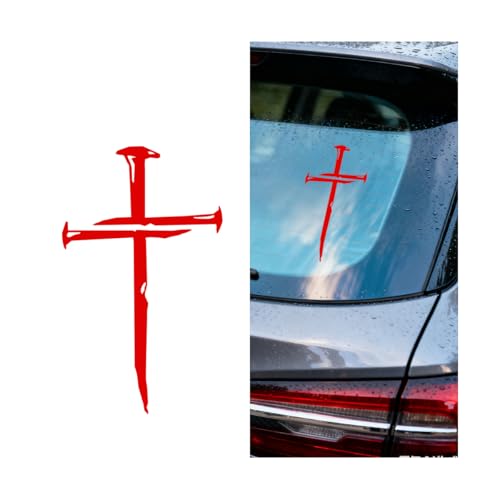 Cross of Nails Car Sticker, Christian Sign Cross Waterproof Vehicle Bumper Decal, Jesus Religious Removable Automotive Body Window Sticker Decoration Accessories, Universal Fit (Red) - color: Red