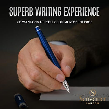 Scriveiner Personalized Midnight Blue Rollerball Pen - Stunning Blue Lacquer Luxury Pen, Chrome Finish, Schmidt Ink Refill, Best Engraved Roller Ball Gift Set for Men & Women, Custom Name Engraving - color: Midnight Blue with Chrome (Personalized)