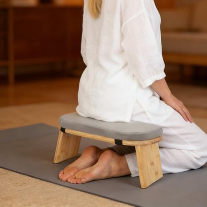 Grey Meditation Bench Foldable Wooden, Ergonomic Kneeling Meditation Stool for Home Yoga Practice, Portable Seiza Bench with Cushion for Prayer and Mindfulness, Folding Legs for Travel Storage