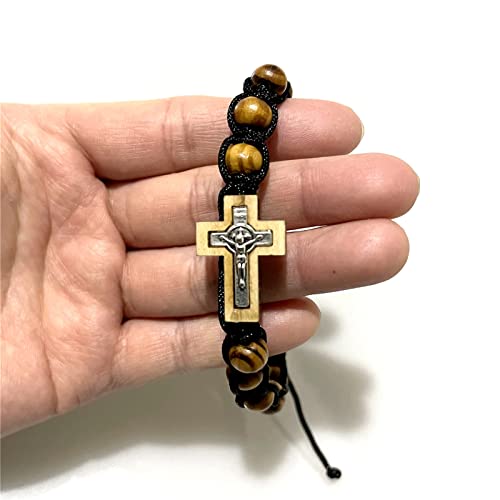 8MM Wood Rosary Bracelet, Adjustable Black Cord Catholic Cross