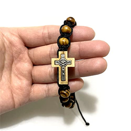 8MM Wood Rosary Bracelet, Adjustable Black Cord Catholic Cross