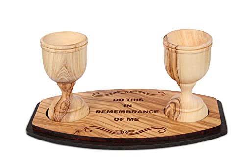 Genuine Olive Wood Communion Set from the Holy Land - 2 Hand-Carved Cups and Engraved Tray "Do This in Remembrance of Me" - Authentic Bethlehem Wood Gift for Pastors & Home Worship - Includes Gift Bag - color: 2 Cup Set [Small, Olive Wood Tray]