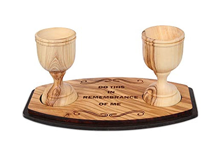 Genuine Olive Wood Communion Set from the Holy Land - 2 Hand-Carved Cups and Engraved Tray "Do This in Remembrance of Me" - Authentic Bethlehem Wood Gift for Pastors & Home Worship - Includes Gift Bag - color: 2 Cup Set [Small, Olive Wood Tray]