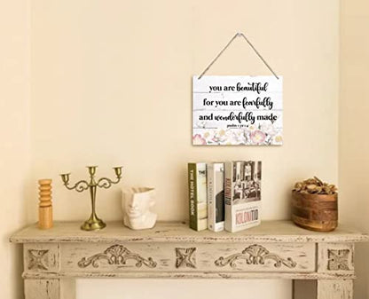 Bible Verse Printed Wood Plaque Sign Wall Hanging, Home Wall Decor You Are Fearfully & Wonderfully Made Scripture Rustic Hanging Wall Plaque Wood Signs, Psalm 139:14 Christian Sign - color: Psalm 139:14
