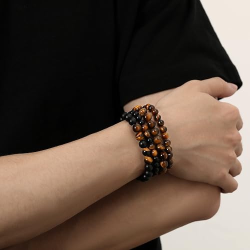 Mens Beaded Bracelets, 8MM Beaded Bracelets for Men, Natural Tiger Eye Bead Bracelet, Stretch Elastic Beads Bracelets for Men - color: 4 tiger eye black agate