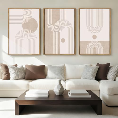ANHUIB Extra Large Neutral Boho Abstract Canvas Wall Art Set of 3 Framed Mid Century Modern Wall Decor Beige Geometric Line Artwork Minimalist Prints 24x36 Inch Painting for Living Room Bedroom Dining Room Office - color: Neutral Line, size: 36"L x 24"W