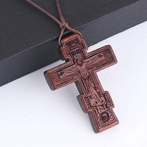 COTTVOTT Wood Orthodox Cross Pendant Necklace Christian Crucifix Necklace Prayer Jesus for Women Men - style: B-Red Color