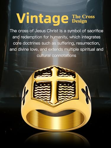 Christian Cross Rings for Men - Stainless Steel Jesus Jewelry with Celtic Knot Sides (Gold/Black/Silver) - Catholic Religious Gift, Size 7-13 - color: C-Gold-Cross