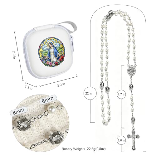 Handmade Rosary Beads for Women, Elegant Catholic Gifts for First Communion, Confirmation & Spiritual Prayer, Unique Beaded Rosary Necklace with Zippered Case - color: White - Our Lady Virgin Mary