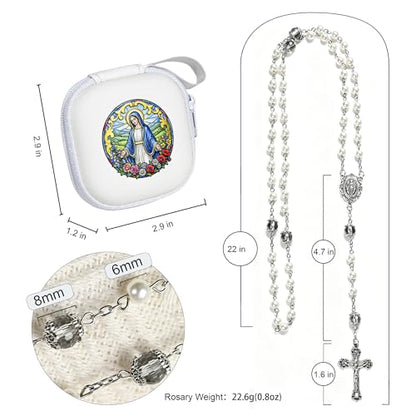 Handmade Rosary Beads for Women, Elegant Catholic Gifts for First Communion, Confirmation & Spiritual Prayer, Unique Beaded Rosary Necklace with Zippered Case - color: White - Our Lady Virgin Mary