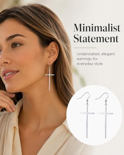 Jeka Hypoallergenic Stainless Steel Cross Earrings Long Dangle Minimalist Jewelry for Women Girls Family Friends Gifts - color: Silver