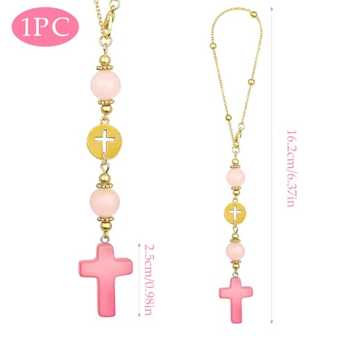 Cross Crystal Hanging Car Charm,Pink Rose Quartz Crystal Cross Car Mirror Hanging Accessories,Handmade Sun Catcher Healing Stone Ornament,Perfect Spiritual Accessories for Women Gifts - color: Pink