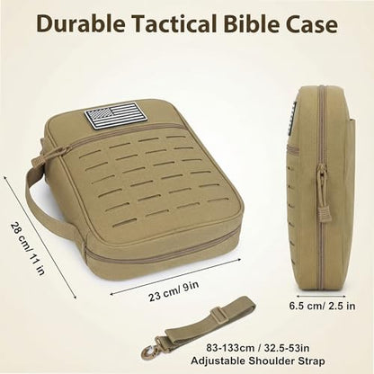 Tactical Bible Cover for Men, Large Bible Case with Shoulder Strap & US Flag Patch, Water Resistant Bible Carrier Bag with Handle, Multi Pockets for Church Study & Travel（Brown） - color: Brown