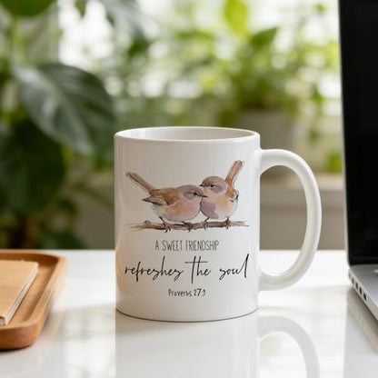 TRENSTIS Bird Christian Friendship Mug, A Sweet Friendship Refreshes the Soul Bible Verse Ceramic Coffee Cup, 11 oz, Best Friend Religious Gifts Coffee Tea Mug