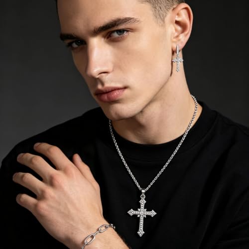NEWITIN 37 Pieces Silver Jewelry Set for Men Stainless Steel Cross Jewelry - color: Shiny Silver