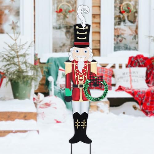 Christmas Yard Sign Decorations Outdoor Christmas Nutcracker Wreath Yard Signs with Metal Stakes for Xmas Holiday Party Lawn Sign Garden Decor Outdoor Yard Signs - style: Nutcracker