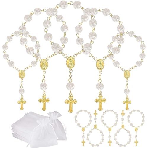 10 Set Baptism Party Favors Mini Rosary Beads Faux Pearls with Organza Bags for Christening Weddings First Communion Party Favors - style: Gold Rose