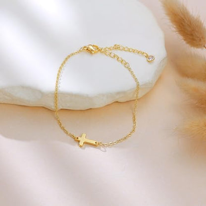 Moodear Cross Bracelet for Women, Dainty Sterling Silver/Gold Plated Gift - color: Gold Cross Bracelet