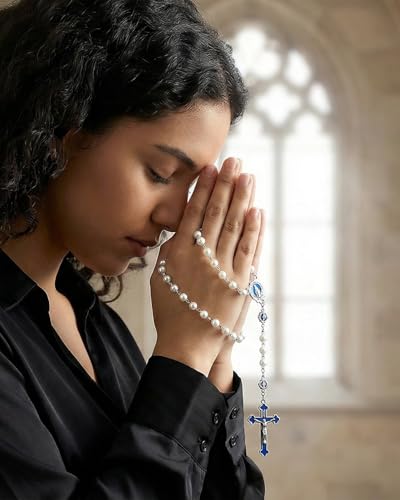 Catholic Rosary Necklace, Solid Glass Beads, Prayer Guide Included, Faith Gift for Women - color: White