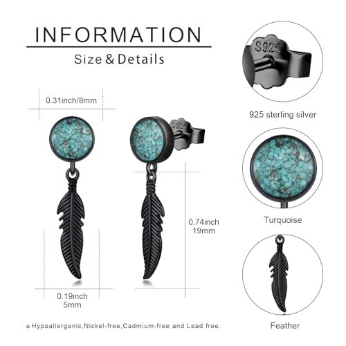 Black Dangle Drop Earrings 925 Sterling Silver Turquoise Earrings Jewelry Gifts for Women Men - style: Feather