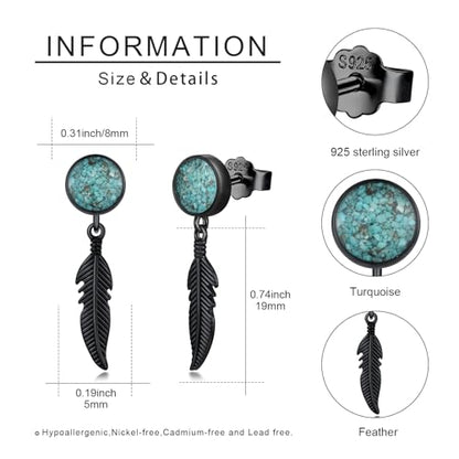 Black Dangle Drop Earrings 925 Sterling Silver Turquoise Earrings Jewelry Gifts for Women Men - style: Feather