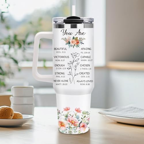 Christian Gifts for Women, 40oz Religious Butterfly Floral Tumbler with Handle, Christ Faith Bible Verse Insulated Travel Mug, Inspirational Spiritual Mother's Day Present for Mom Grandma Sister - color: Religious-D-356-E