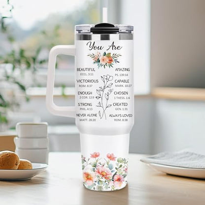 Christian Gifts for Women, 40oz Religious Butterfly Floral Tumbler with Handle, Christ Faith Bible Verse Insulated Travel Mug, Inspirational Spiritual Mother's Day Present for Mom Grandma Sister - color: Religious-D-356-E