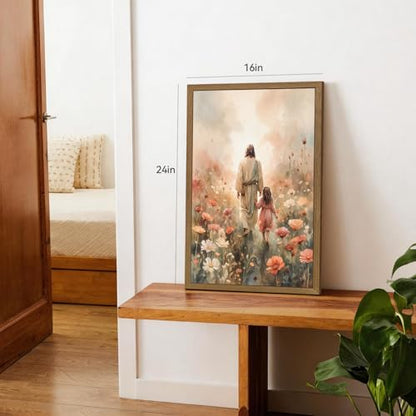 Snlihc Wood Framed Jesus with Little Girl Walk Nursery Wall Art 16x24 in - color: Girl(Wood), size: 24"L x 16"W