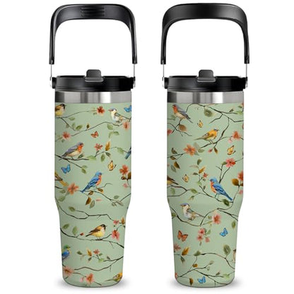 30oz Floral Insulated Tumbler with Straw Lid, Bird Lover Tumbler for Women - color: Bird1