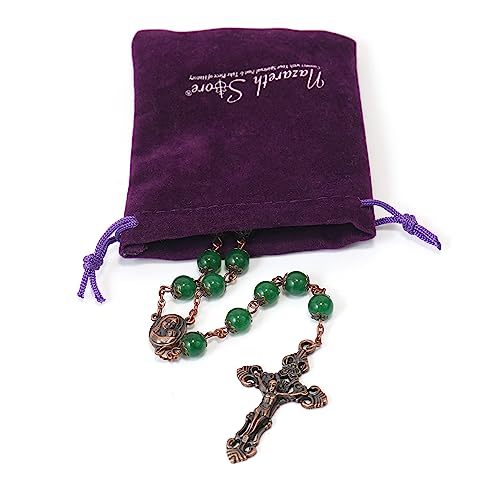 Nazareth Store Natural Stone Beads 8mm Rosary Necklace Antique Copper Design Holy Soil Medal & Cross in Velvet Bag - Catholic Rosaries Terra Santa Jerusalem Collection - color: Green Jade