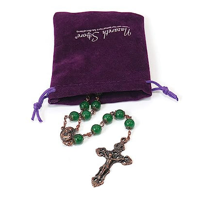 Nazareth Store Natural Stone Beads 8mm Rosary Necklace Antique Copper Design Holy Soil Medal & Cross in Velvet Bag - Catholic Rosaries Terra Santa Jerusalem Collection - color: Green Jade