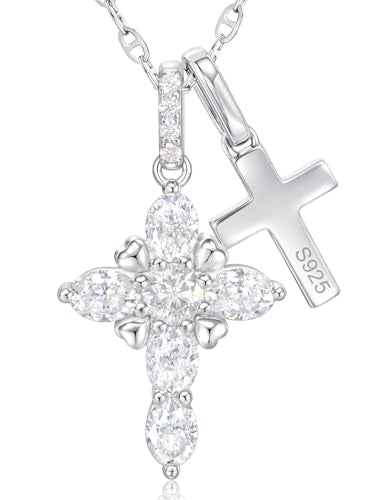 Moissanite Double Cross Necklace, Women Moissanite Diamond Cross Pendant - color: 925 Silver(Iced+Polished)