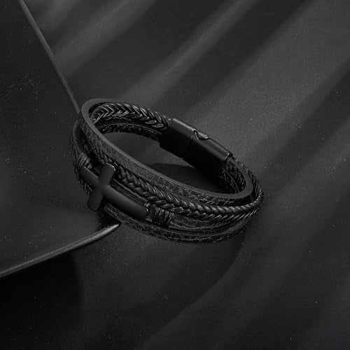 Leather Cross Bracelet Braided Faith Bangle for Men, 8.3 &9.1 Inch - color: 01.Black, size: 8.3in(Fits most wrists)