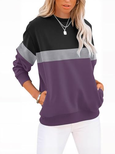 GKBK Womens Sweatshirts Cotton Crew Neck Lightweight Pullover Pocket Tops - color: Black Purple, size: Medium