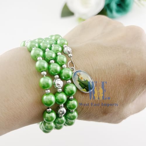 12 pcs Religious Wrap Rosary Bracelet, Green Beads with Cross and St. Jude Medal Charm, Memorial Prayer Favor - color: JA175S-grn