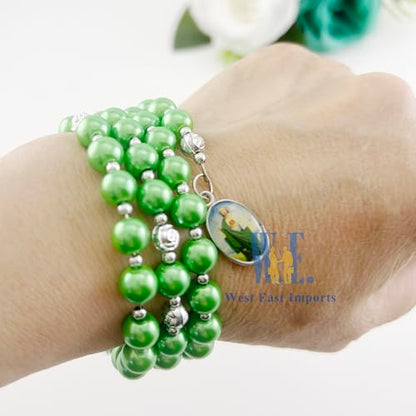 12 pcs Religious Wrap Rosary Bracelet, Green Beads with Cross and St. Jude Medal Charm, Memorial Prayer Favor - color: JA175S-grn