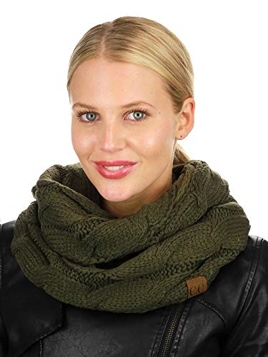 C.C Women's Winter Cable Knit Sherpa Lined Warm Infinity Pullover Scarf - color: Dark Olive