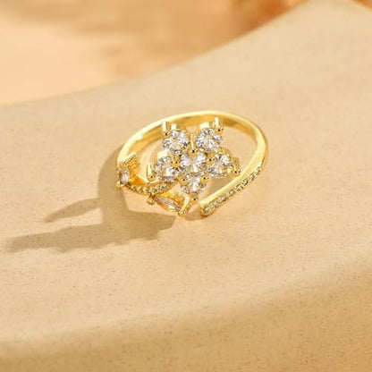 18K Gold Plated Cubic Zirconia Adjustable Open Rings for Women - color: Flower CZ