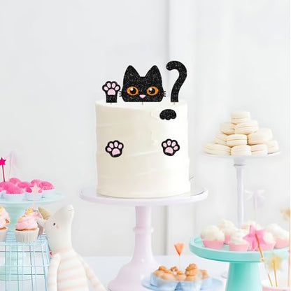 Black Cat Cake Topper, Cat Birthday Cake Decor, Black Glitter Kitten Baby Shower Cake Topper for Girl, Pet Themed Birthday/Adoption DayParty Decoration - style: Black Cat