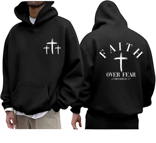 Men Faith Over Fear Christian Cross Graphic Pullover Hoodie - color: Black, size: XX-Large