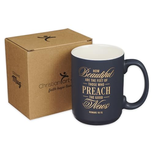 Christian Art Gifts Large Matted Ceramic Coffee & Tea Mug for Pastors: Preach the Good News Golden Inspirational Scripture, Lead & Cadmium-free Sturdy Novelty Mens Drinkware, Navy Blue & White, 14 oz. - color: Navy Blue/Pastor