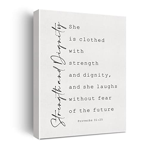 Inspirational Bible Verse Canvas Print Decor Proverbs 31 : 25 Christian Wall Painting Posters 12”X15” Modern Home Office Decoration (Framed) - color: Proverbs